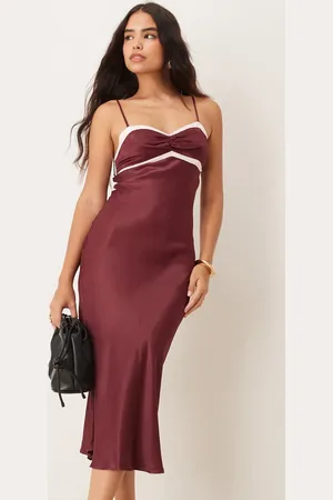 ASOS Satin contrast bust cup midi dress in burgundy
