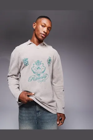 ASOS Oversized long sleeve polo shirt with sport graphic in washed