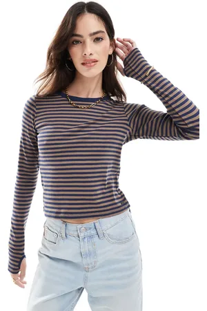 Pull&Bear Striped long sleeve top in navy and brown