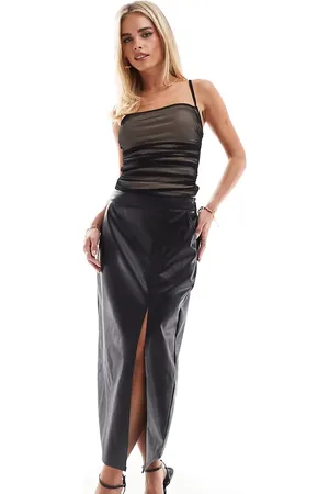 ASOS ASOS DESIGN Petite leather look maxi skirt with side split in
