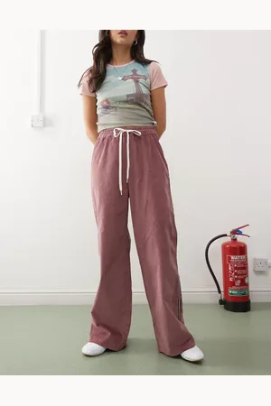Monki Cord wide leg track pants with side stripe in burgundy