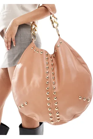 ASOS Premium leather scoop dome studded detail tote bag in peach