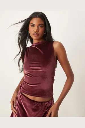 Miss Selfridge Velvet slash neck racer top in burgundy