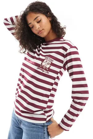 ASOS Embroidered New York sporting club long sleeve tee in burgundy stripe