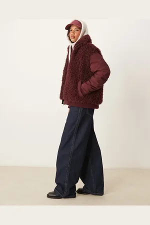 ASOS Borg patched hybrid bomber jacket in burgundy
