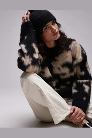 Topshop Knitted high v-neck fluffy cardigan dress in oat