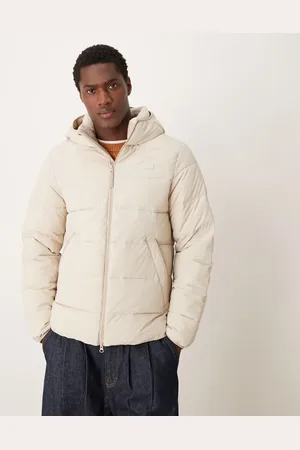 Abercrombie & Fitch Logo lightweight hooded puffer jacket in beige