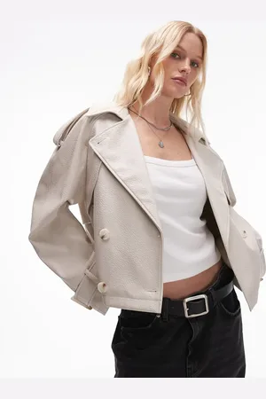 Topshop Textured faux leather cropped trench coat in cream