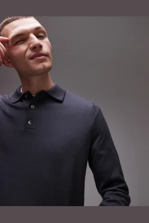 ARKET Merino wool knitted long sleeve polo shirt in petrol blue