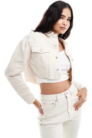 Tommy Hilfiger Crop raw hem denim trucker jacket in off