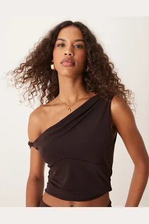 Miss Selfridge Draped one shoulder top in chocolate