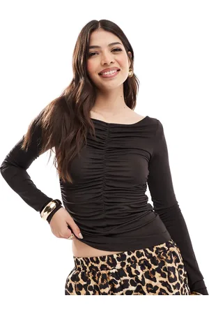 & OTHER STORIES Shimmer jersey rib long sleeve top with sweetheart neck and ruche front in dark