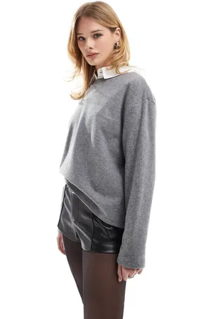 Stradivarius Brushed round neck long sleeve top in dark grey