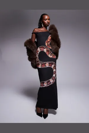 Kaiia Mesh snake print twist shoulder maxi dress in