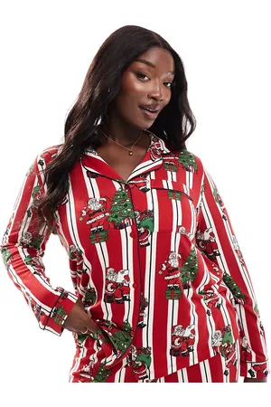 Chelsea Peers Curve poly Christmas His & Hers long sleeve revere and trouser pyjama set in vintage santa stripe print