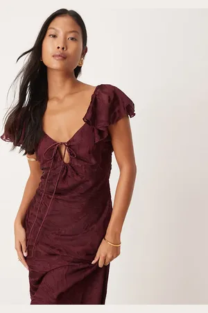 ASOS ASOS DESIGN Petite flutter sleeve burnout maxi dress in aubergine