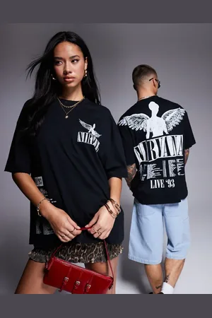 ASOS Unisex oversized license t-shirt with nibbling and Nirvana Tour prints in black