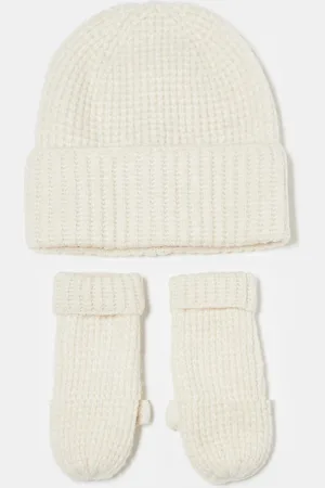 Pieces® 2 pack gift set textured beanie hat and mittens in cream