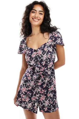 ASOS Button through mini tea dress with tie back in navy rose print