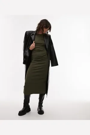 MANGO Cinched waist maxi long sleeve dress in dark