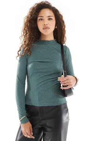 ONLY Lettuce edge high neck ribbed top in teal