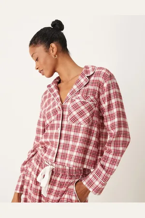 Abercrombie & Fitch Co-ord cropped pyjama shirt in and green tartan