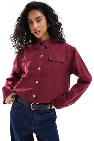 ASOS Denim jacket with turn up cuffs in burgundy