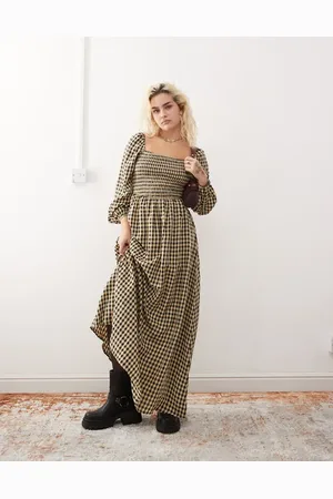 Daisy Street Shirred maxi dress in black and beige check