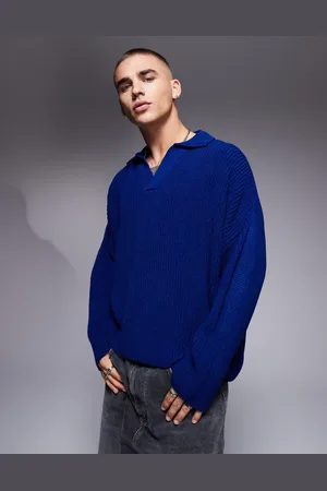 ASOS Super oversized boxy fit fisherman ribbed knitted notch neck jumper in dark blue