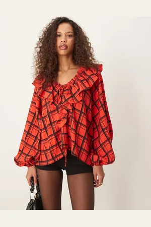 ASOS V neck ruffle top in red check