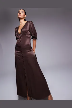 Miss Selfridge Satin lace trim maxi dress in chocolate