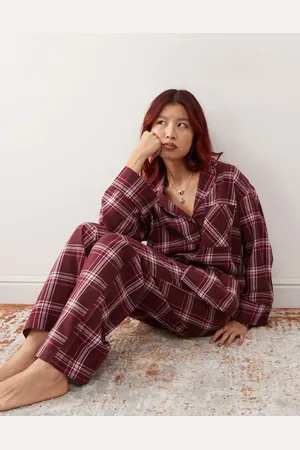 Monki Co-ord flannel pyjama top in burgundy check