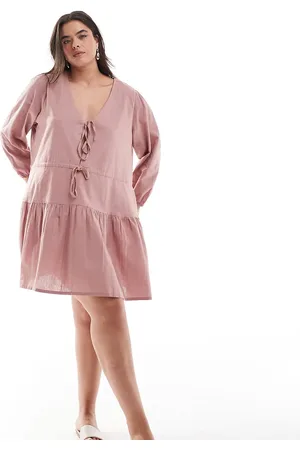 Esmée Exclusive linen mix long sleeve tiered mini tie front beach dress in caramel