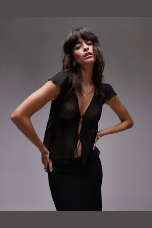Topshop Sheer tie front cap sleeve top w lace inserts in