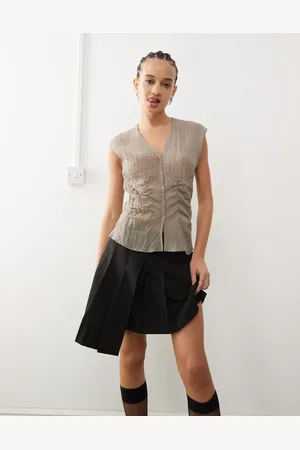 Weekday Sheer sleeveless blouse top with v neck and corset waist detail in mole