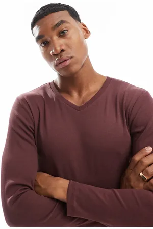 ASOS Long sleeve muscle fit rib t-shirt with v neck in brown