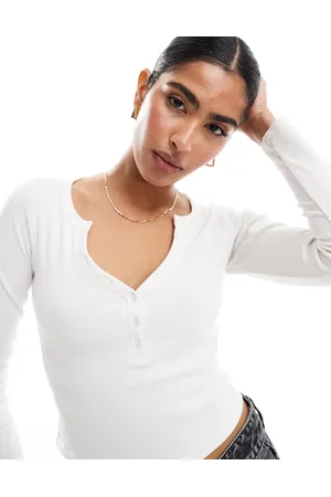 Hollister Ribbed button detail plunge neck top in off
