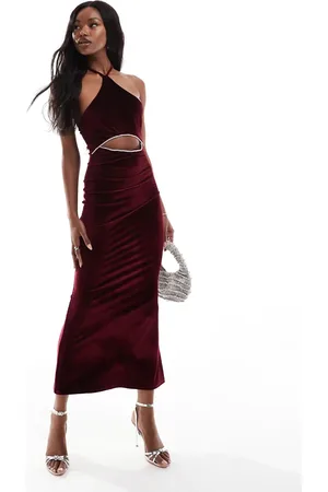 ASOS Velvet cross strap halter midi dress with diamante trim in burgundy