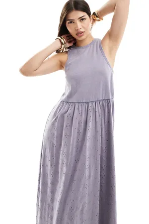 ASOS Ribbed tank midaxi dress with broderie skirt in denim wash