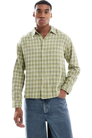 Pull&Bear Washed checked shirt in green
