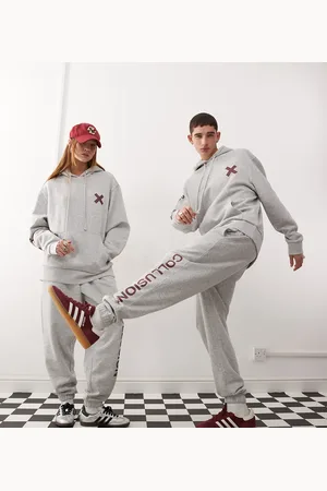 COLLUSION Unisex logo joggers in marl with burgundy print