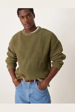 ASOS Relaxed knitted chenille crew neck rib jumper in khaki