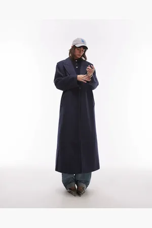 & OTHER STORIES Wool blend single breasted maxi coat in navy and white herringbone