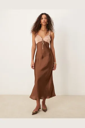 ASOS Contrast bust cup frill satin midi dress in brown