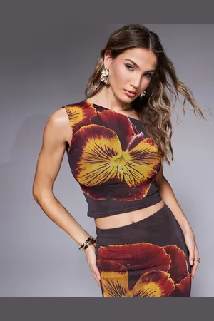 Kaiia X Sasha Corte mesh floral print twist shoulder crop top co-ord in chocolate