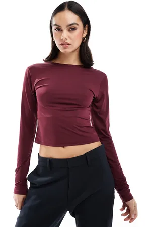 Stradivarius Slash neck open back long sleeve top in burgundy