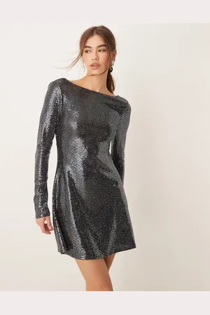 Miss Selfridge Glitter sequin long sleeve flare mini dress