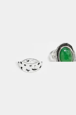 Reclaimed Unisex ring 2 pack with faux green stone in