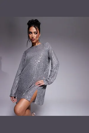 In The Style X Perrie Sian exclusive long sleeve shift sequin split hem mini dress in