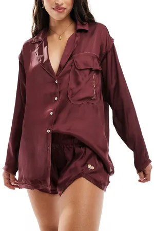 Free People Satin oversized pyjama shirt co-ord in burgundy